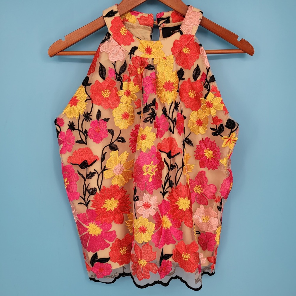 RAIN Floral Embroidered Sheer Halter Neck Top Mesh Multicolor Scallop Hem XL